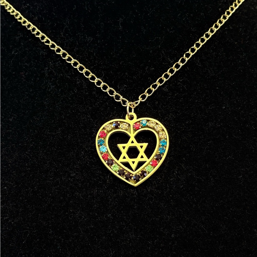 Colorful Rhinestone Heart Star of David gold Necklace